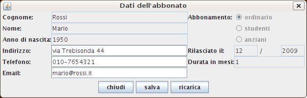 finestra dei dati